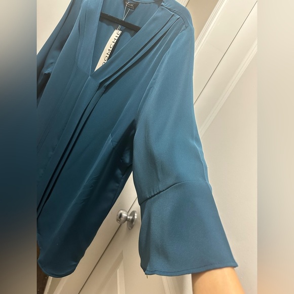 BloomChic Plus Size Blue V Neck Plain Ruffles Pleated Blouse - Picture 5 of 8